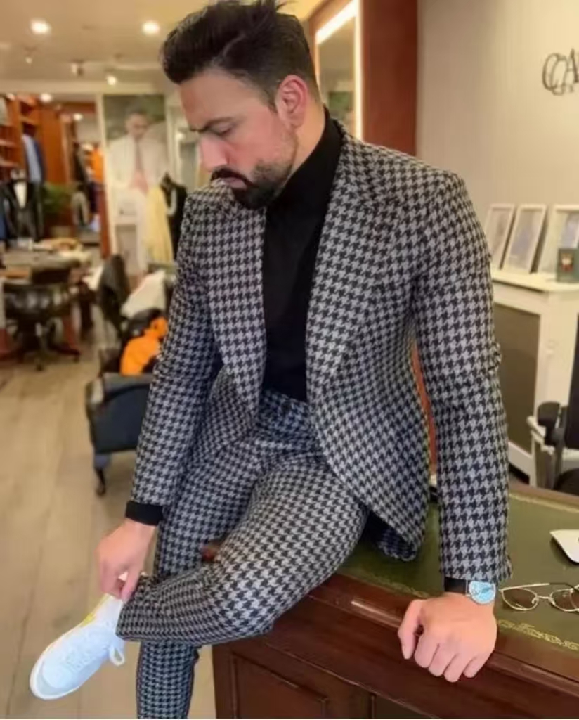 Men'S Vintage Formal Wear - Houndstooth خمر الرجال البدلة الذروة التلبيب